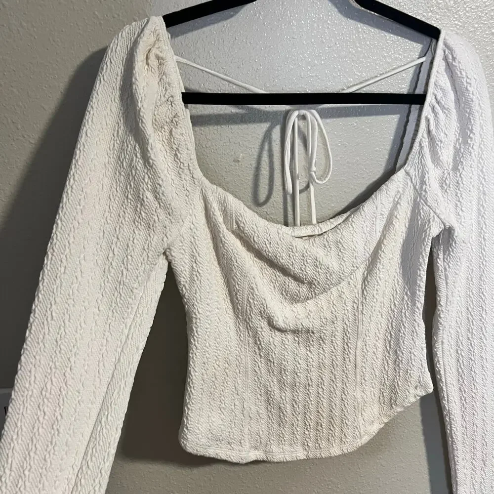 Free People Brittany White Ribbed Puff Sleeve Top Long Sleeve Size M